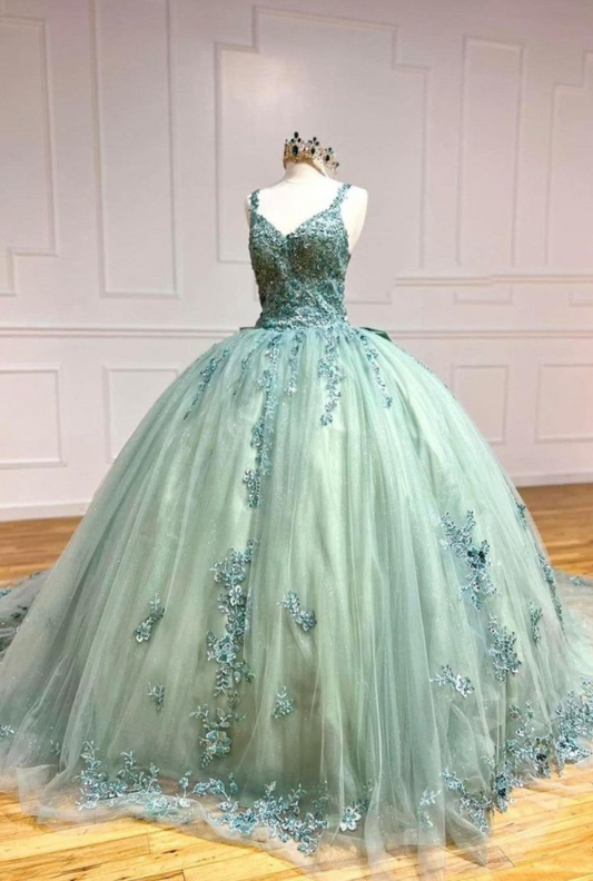 Cute V-neck Ball Gown Green Applique Sequin Quinceanera Dress Tulle Long Prom Dress Sweet 16 Dress ED03825