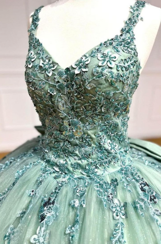 Cute V-neck Ball Gown Green Applique Sequin Quinceanera Dress Tulle Long Prom Dress Sweet 16 Dress ED03825
