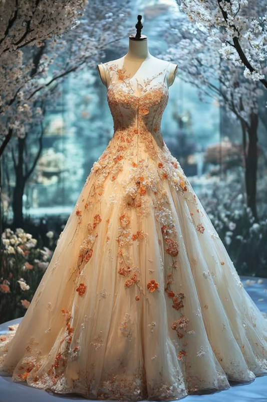 Elegant V-neck A-Line Tulle Formal Evening Dress 3D Applique Tulle Long Prom Dress Sweet Quinceanera Dress ED03827