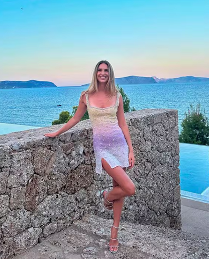 Sparkly Yellow/Turquoise Sheath Spaghetti Straps Short Formal Dress Elegant Beaded Birthday Outfit Homecoming Dress ED03830