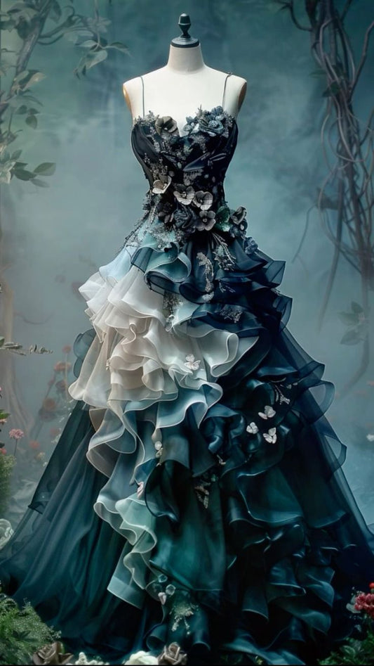 Gorgeous Dark Teal Ball Gown Spaghetti Strap Quinceanera Dress Applique Tulle Sweet 16 Dress Long Prom Dress ED03833