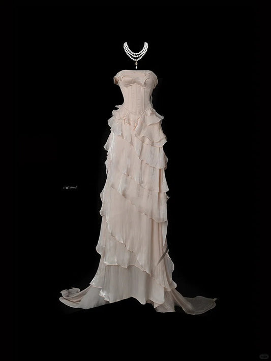 Elegant Mermaid Strapless Evening Dress Modest Chiffon Ruffled Formal Dress Long Prom Dress ED03835