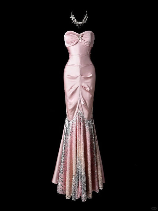 Elegant Pink Mermaid Sweetheart Neck Evening Dress Modest Satin Sequin Formal Dress Long Prom Dress ED03836