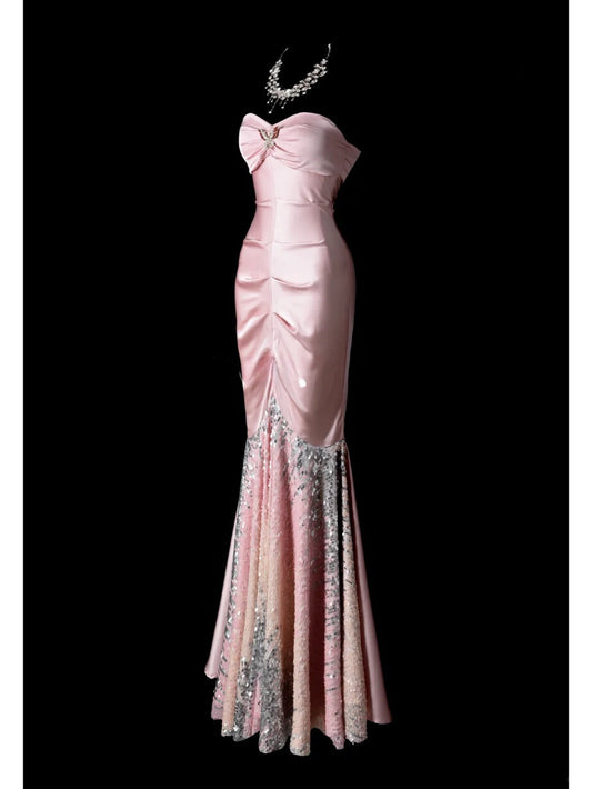 Elegant Pink Mermaid Sweetheart Neck Evening Dress Modest Satin Sequin Formal Dress Long Prom Dress ED03836