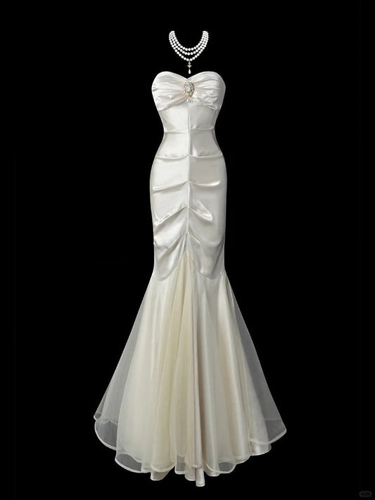 Elegant Mermaid Sweetheart Neck Evening Dress Modest Light Champagne Satin Tulle Formal Dress Long Prom Dress ED03838