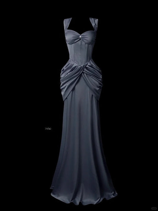 Elegant Mermaid Sweetheart Neck Evening Dress Modest Dark Gray Satin Long Birthday Prom Dress Formal Dress ED03839