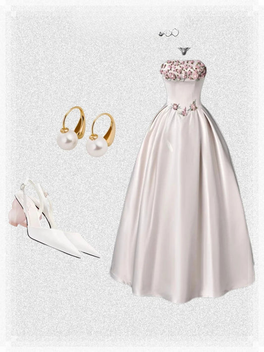 Strapless Pink Ball Gown Cute Birthday Outfit Satin Applique Formal Dress Sweet 16 Dress ED03840