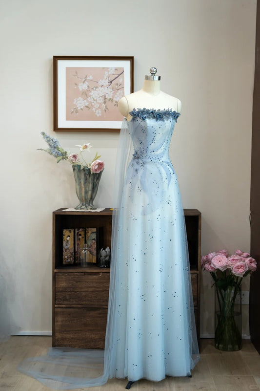 Elegant Strapless Sheath Applique Evening Dress Blue Tulle Beaded Formal Dress Sweet Birthday Dress ED03841