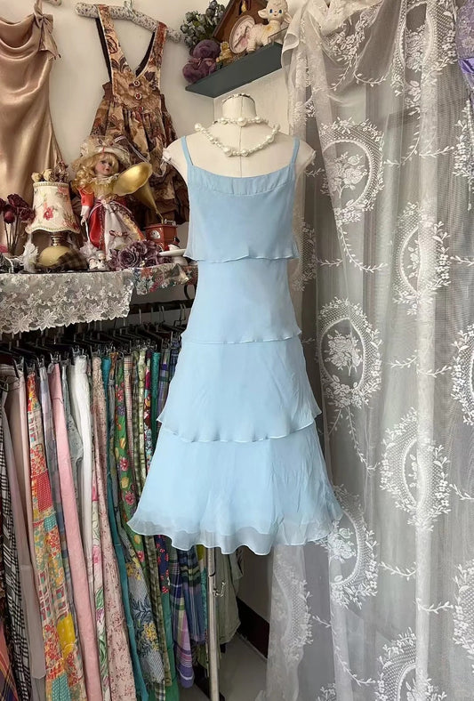 Vintage A-Line Short Party Dress Spaghetti Strap Chiffon Hoco Dresses Blue Elegant Formal Dress ED03853