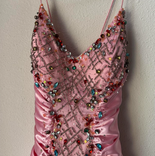 Vintage Pink Sheath Evening Gown Glamour Beaded Satin Long Prom Dresses V-neck Formal Dress ED03857