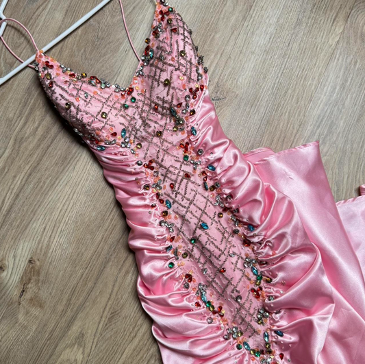 Vintage Pink Sheath Evening Gown Glamour Beaded Satin Long Prom Dresses V-neck Formal Dress ED03857