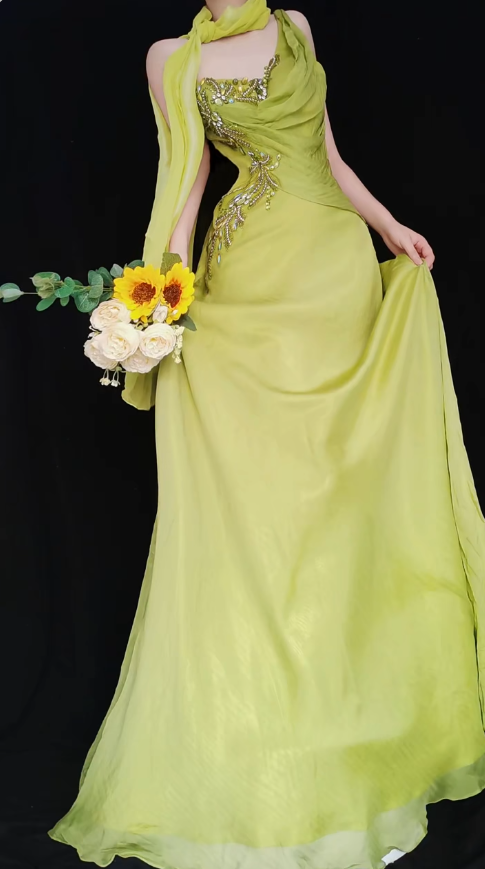 Vintage Green Sheath Evening Gown Glamour Beaded Tulle Long Prom Dresses Asymmetric Neck Formal Dress ED03858