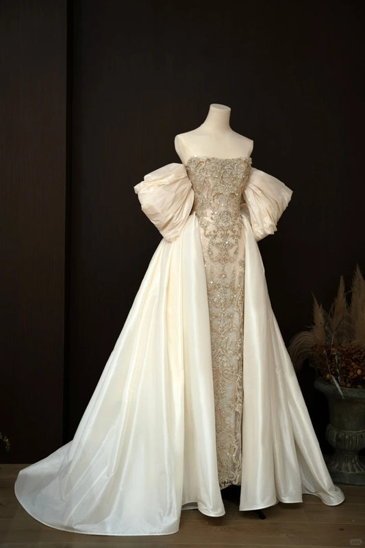 Glamour Strapless Sheath Tulle Evening Gown Champagne Beaded Elegant Long Prom Dresses ED03862