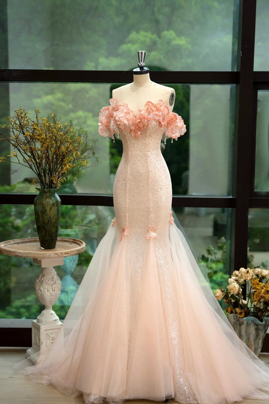 Fairytale Off-the-shoulder Mermaid Tulle Evening Gown Light Coral Beaded Sequin Long Prom Dresses Sweet Birthday Outfits ED03863