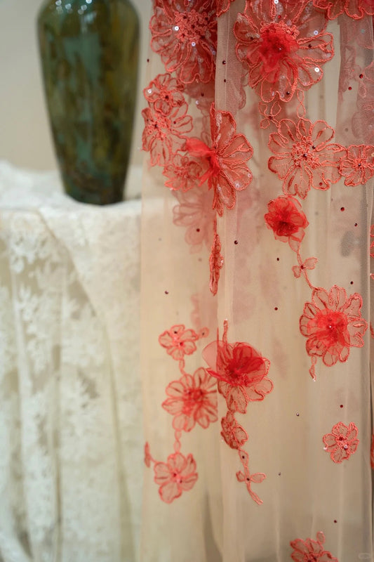 Fairytale Strapless Sheath Tulle Evening Gown Red Lace Applique Long Prom Dresses Bridesmaid Dresses ED03864