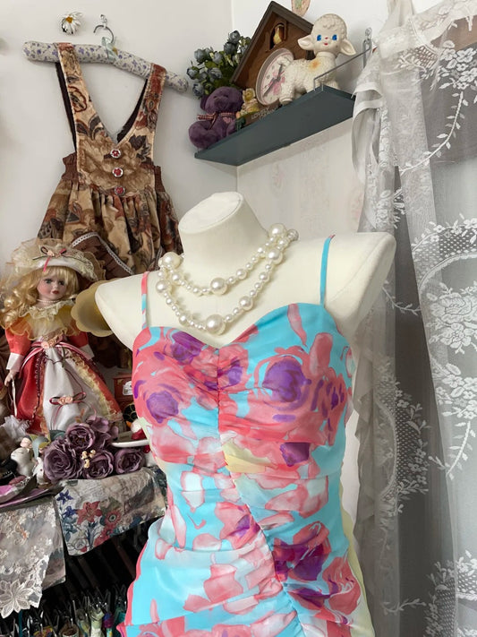 Vintage Spaghetti Strap Sheath Evening Gown Printed Chiffon Elegant Formal Dress Party Dress ED03865