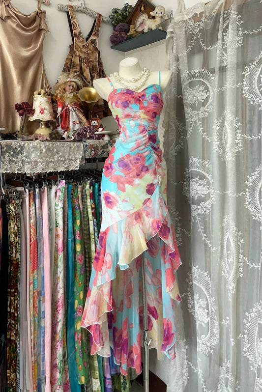 Vintage Spaghetti Strap Sheath Evening Gown Printed Chiffon Elegant Formal Dress Party Dress ED03865