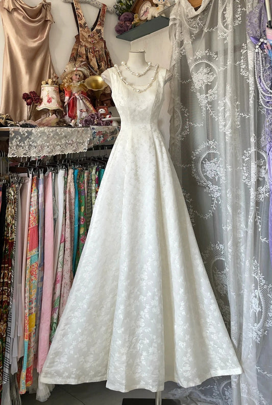 Vintage White Bateau A-Line Long Evening Gown Elegant Jacquard Satin Formal Dress Birthday Outfit ED03866