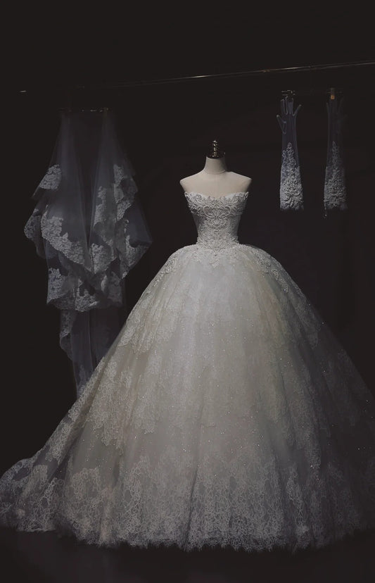 Glamour White Strapless Bridal Dress Lace Applique Ball Gown Princess Beaded Tulle Long Wedding Dress ED03870