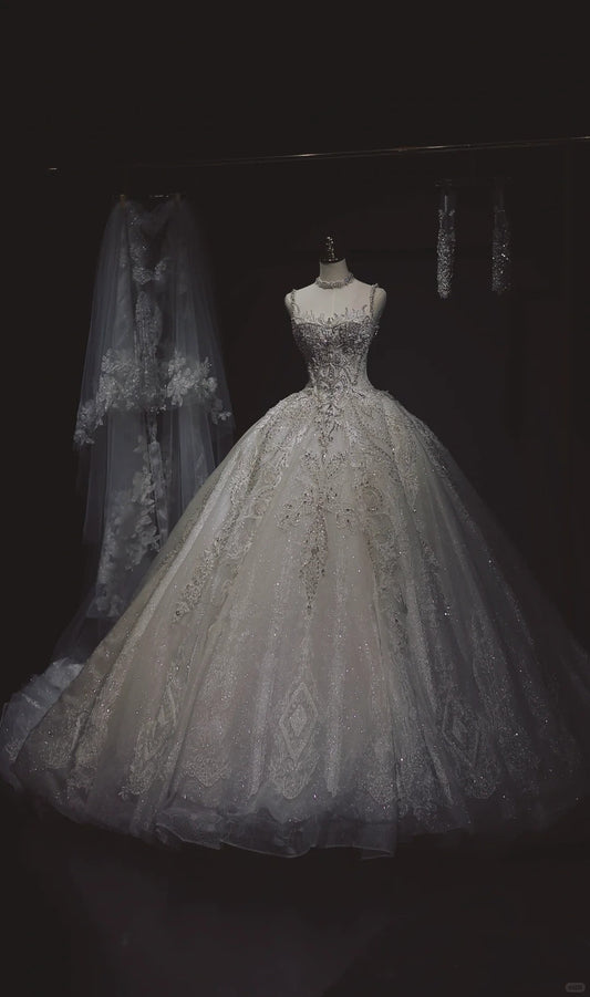 Glamour White Spaghetti Strap Bridal Dress Sparkly Applique Ball Gown Elegant Beaded Tulle Long Wedding Dress ED03871