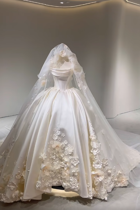 Stunning White Strapless Bridal Dress with 3D Appliques Ball Gown Elegant Satin Long Wedding Dress ED03872