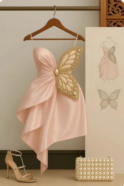 Modest Pink Sheath Formal Dress Spaghetti Strap Party Dress Birthday Dress Satin Short Homecoming Dresses ED03880