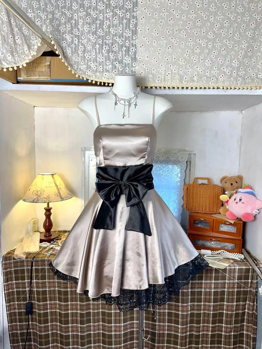 Vintage Light Brown A-Line Formal Dress Spaghetti Strap Party Dress Birthday Dress Satin Lace Short Homecoming Dresses ED03882