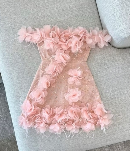 Fairytale Pink A-Line Party Dress Off-shoulder Tulle Sequins Three-dimensional Applique Homecoming Outfit Sweet 16th Birthday Dress ED03886