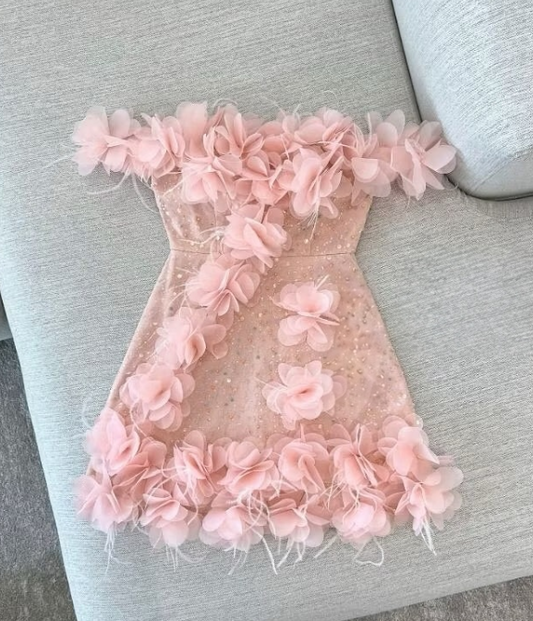 Fairytale Pink A-Line Party Dress Off-shoulder Tulle Sequins Three-dimensional Applique Homecoming Outfit Sweet 16th Birthday Dress ED03886