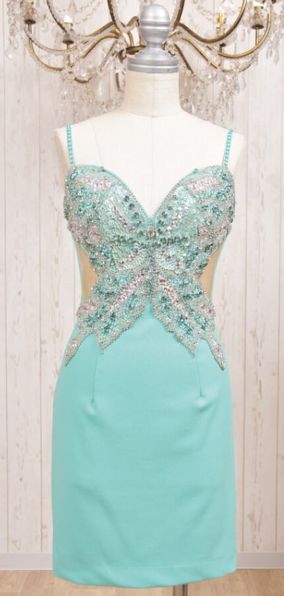 Elegant Sheath Blue Spaghetti Strap Formal Dress Vintage Short Beaded Satin Homecoming Outfit Elegant Birthday Dress ED03890