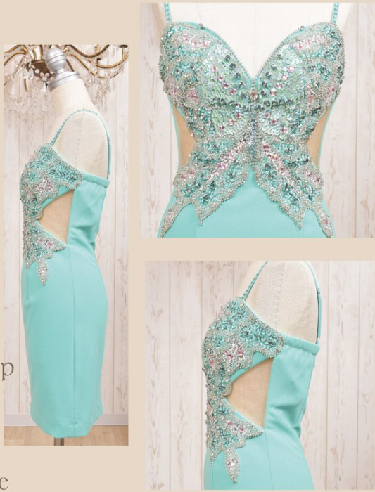 Elegant Sheath Blue Spaghetti Strap Formal Dress Vintage Short Beaded Satin Homecoming Outfit Elegant Birthday Dress ED03890