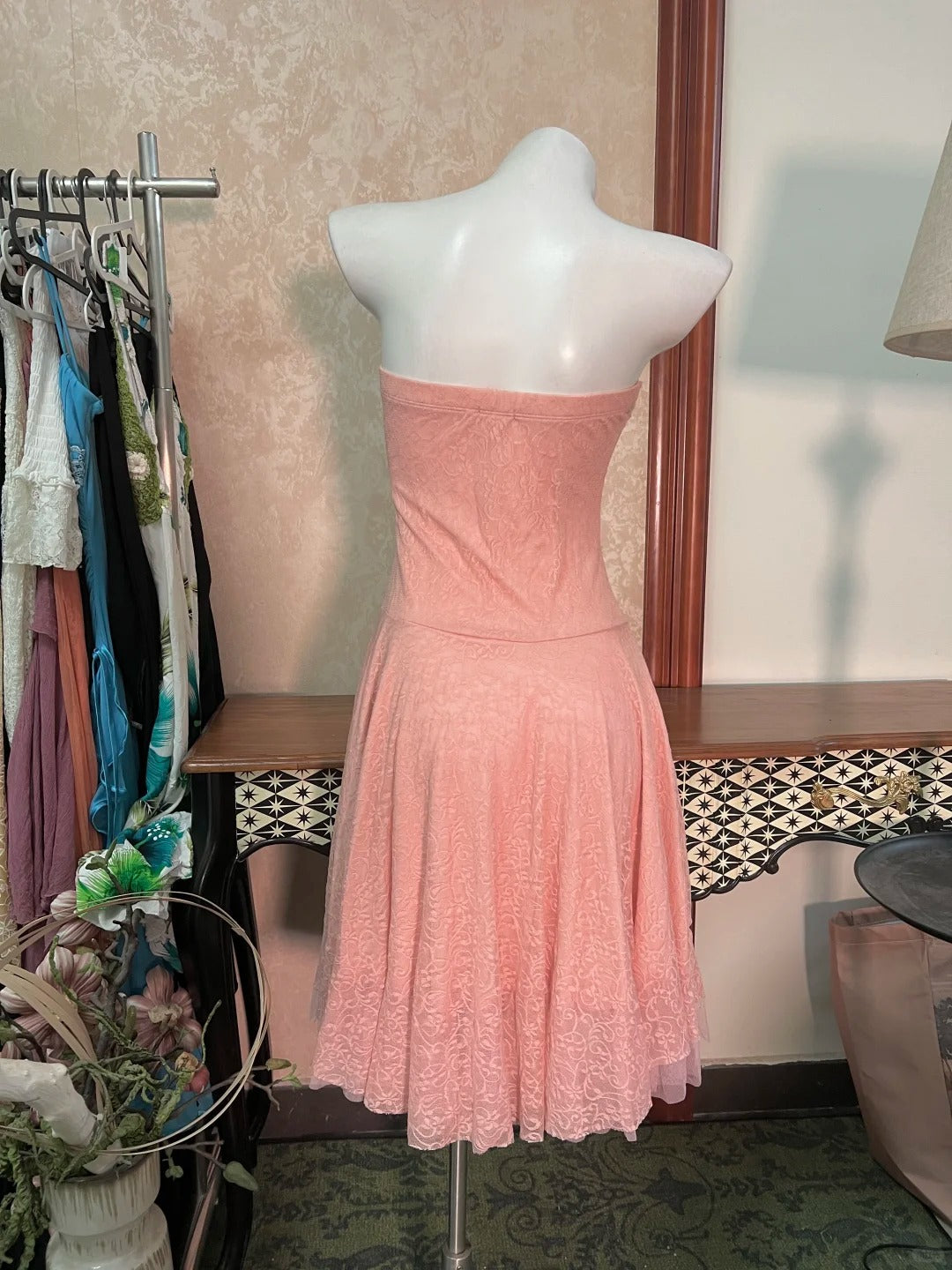 Vintage Strapless Sheath Short Hoco Dresses Peach Tulle Lace Birthday Dress Cute Party Formal Dress  ED03908