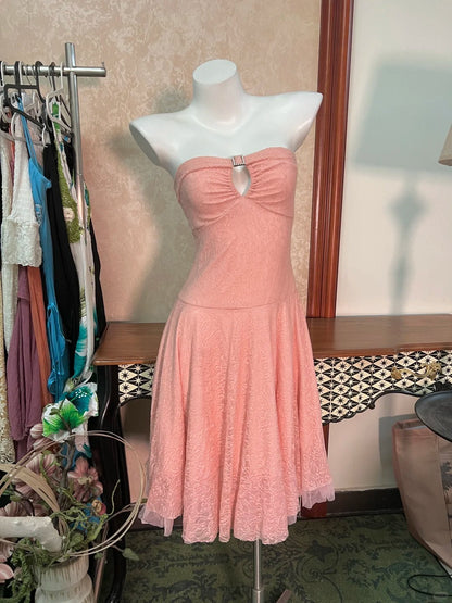 Vintage Strapless Sheath Short Hoco Dresses Peach Tulle Lace Birthday Dress Cute Party Formal Dress  ED03908