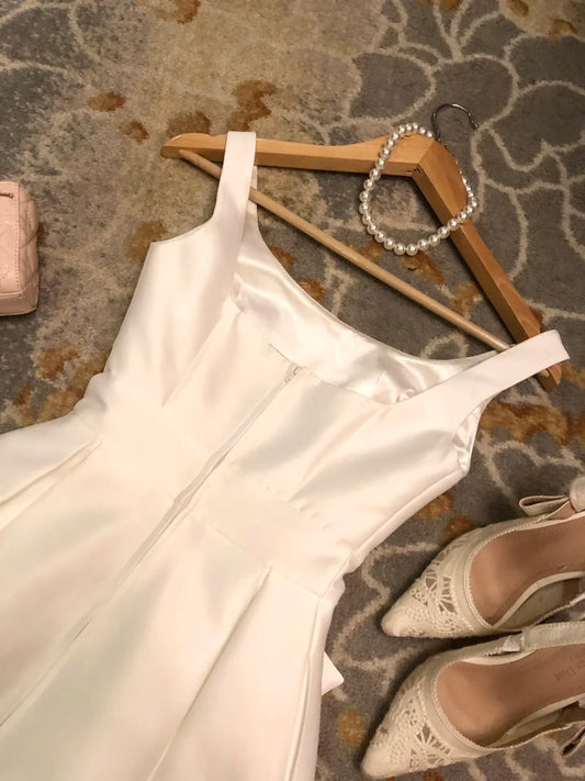 Elegant Straps A-Line Short Hoco Dresses White Satin Birthday Dress Cute Formal Dress Graduation Dress ED03909