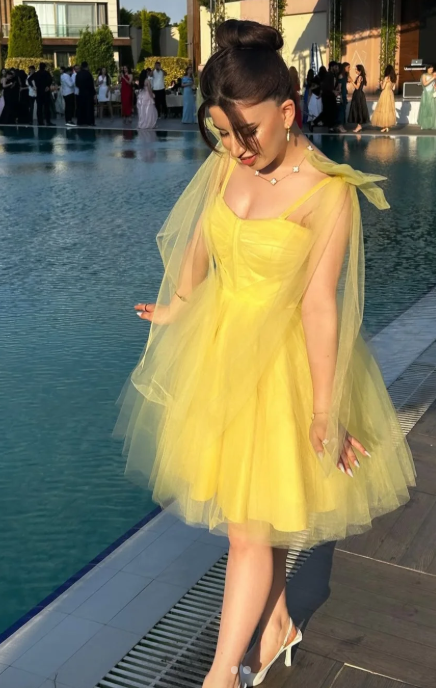 Cute Yellow A-Line Short Homecoming Dress Tulle Straps Birthday Dress Fairy Graduation Prom Dress ED03931