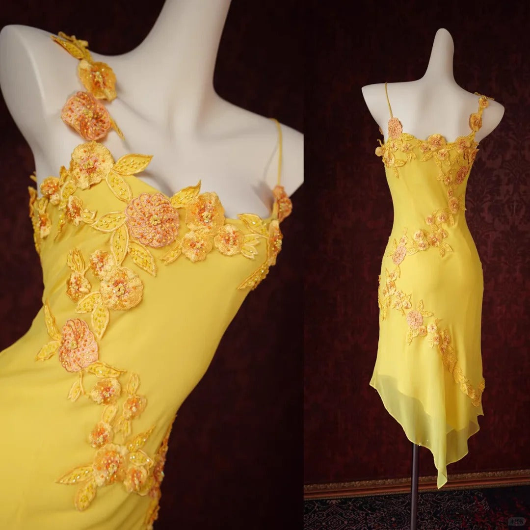 Vintage Sheath Birthday Formal Dress Yellow Beaded Short Homecoming Dress Fairy Straps Chiffon Applique Graduation Dress ED03939