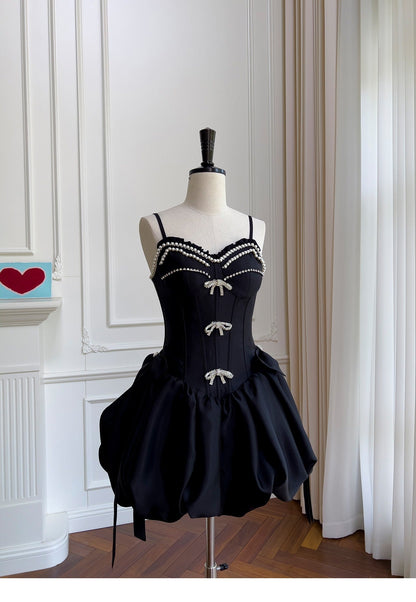 Sweet Black Ball Gown Birthday Outfit Strap Short Homecoming Dress Fairy Satin Pearl Formal Dress ED03945