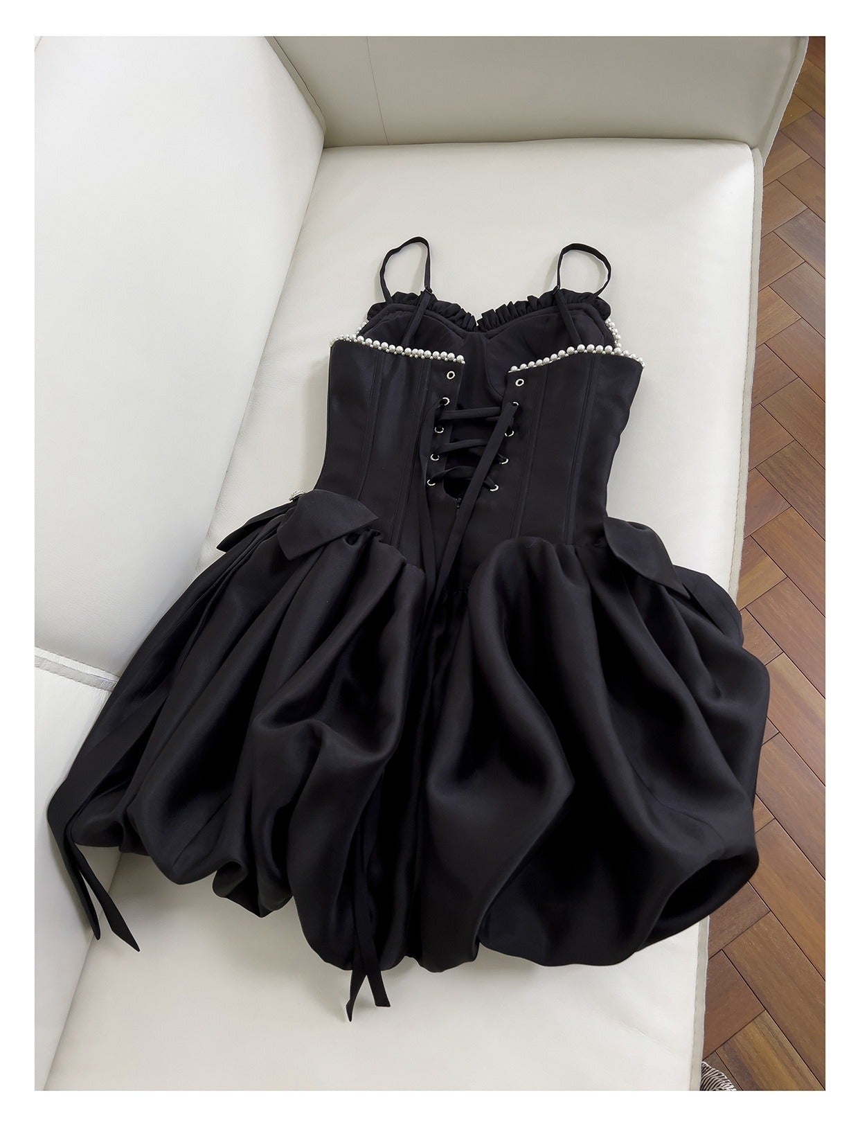 Sweet Black Ball Gown Birthday Outfit Strap Short Homecoming Dress Fairy Satin Pearl Formal Dress ED03945