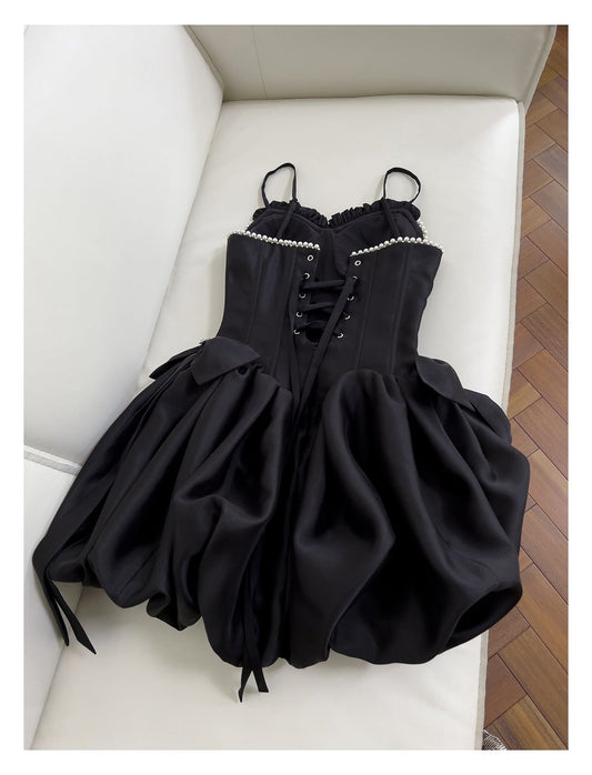Sweet Black Ball Gown Birthday Outfit Strap Short Homecoming Dress Fairy Satin Pearl Formal Dress ED03945