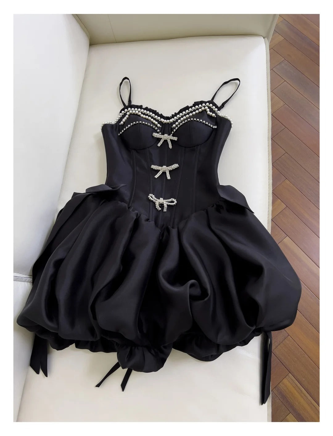 Sweet Black Ball Gown Birthday Outfit Strap Short Homecoming Dress Fairy Satin Pearl Formal Dress ED03945