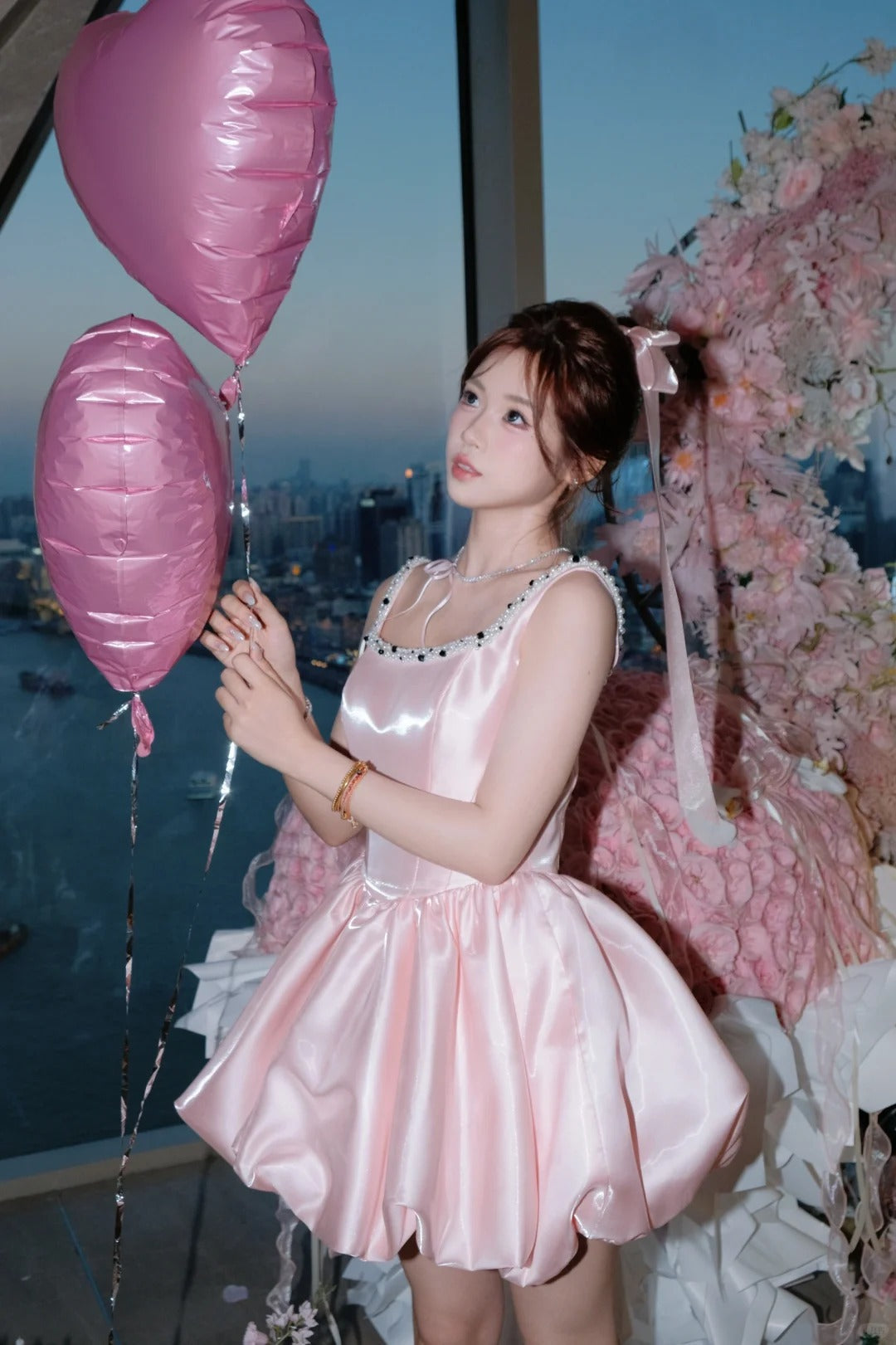 Cute Pink Ball Gown Birthday Dress Strap Short Homecoming Dress Beaded Satin Formal Dress ED03948