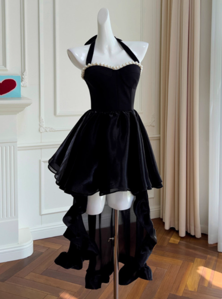 Audrey Hepburn Style A-Line Halter Velvet Short Prom Dress, Black Homecoming Dresses ED03995