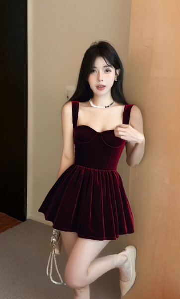 Audrey Hepburn A-Line Spaghetti Strap Velvet Short Prom Dress, Burgundy Homecoming Dresses ED03996