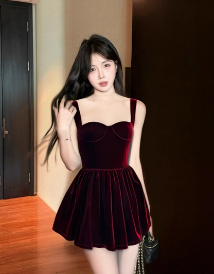 Audrey Hepburn A-Line Spaghetti Strap Velvet Short Prom Dress, Burgundy Homecoming Dresses ED03996