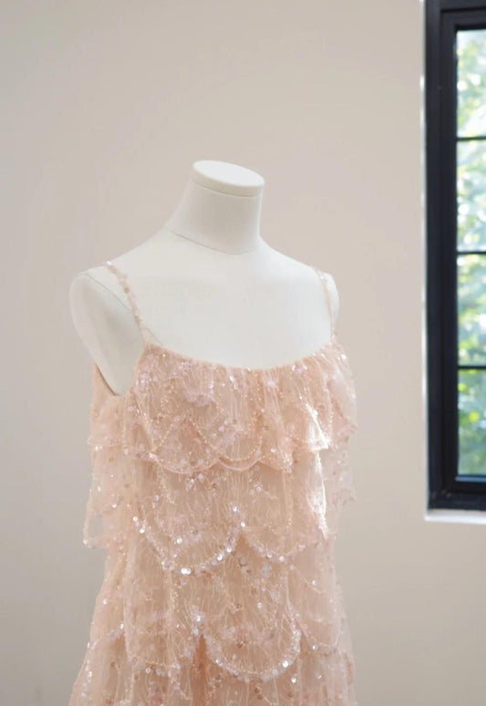 Spaghetti Strap Sheath Short Prom Dresses Lace Sequin Homecoming Dresses Cute Pink Birthday Dresses ED04002