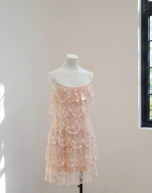 Spaghetti Strap Sheath Short Prom Dresses Lace Sequin Homecoming Dresses Cute Pink Birthday Dresses ED04002