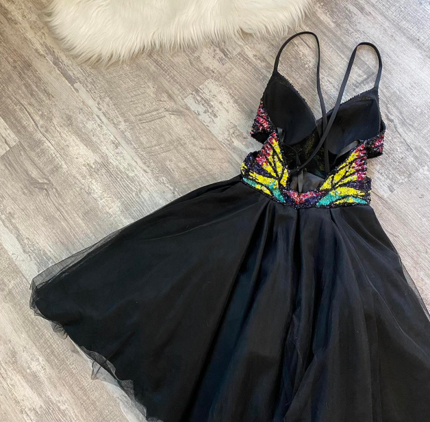 Cute A-Line Spaghetti Strap Short Prom Dress Black Homecoming Dress Tulle Sequin Formal Dress ED04092