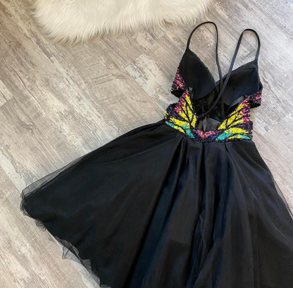 Cute A-Line Spaghetti Strap Short Prom Dress Black Homecoming Dress Tulle Sequin Formal Dress ED04092