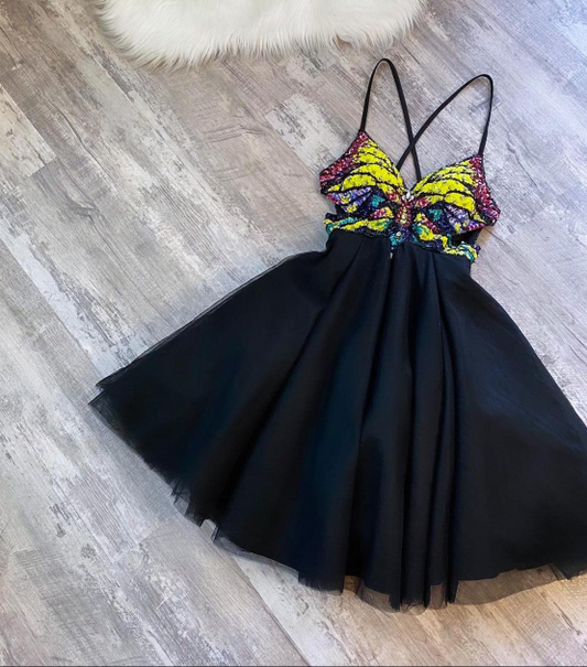 Cute A-Line Spaghetti Strap Short Prom Dress Black Homecoming Dress Tulle Sequin Formal Dress ED04092