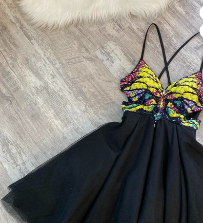 Cute A-Line Spaghetti Strap Short Prom Dress Black Homecoming Dress Tulle Sequin Formal Dress ED04092